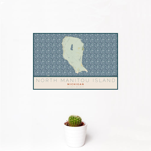 12x18 North Manitou Island Michigan Map Print Landscape Orientation in Woodblock Style With Small Cactus Plant in White Planter