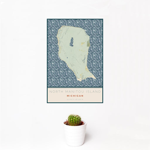12x18 North Manitou Island Michigan Map Print Portrait Orientation in Woodblock Style With Small Cactus Plant in White Planter