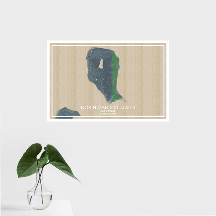 16x24 North Manitou Island Michigan Map Print Landscape Orientation in Afternoon Style With Tropical Plant Leaves in Water