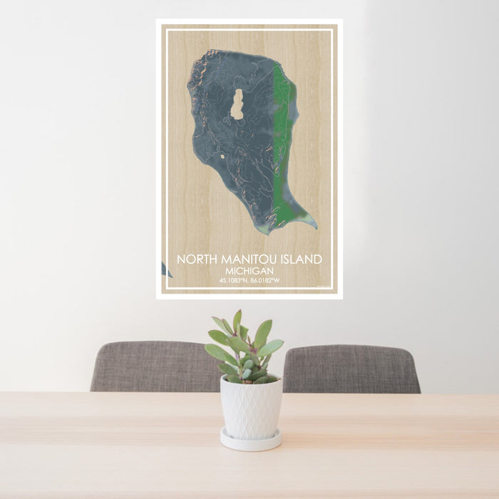 24x36 North Manitou Island Michigan Map Print Portrait Orientation in Afternoon Style Behind 2 Chairs Table and Potted Plant