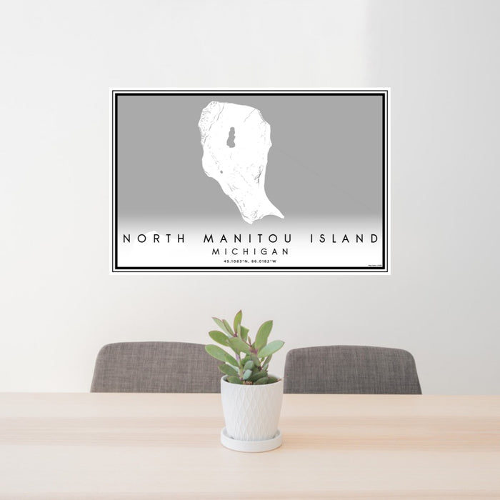 24x36 North Manitou Island Michigan Map Print Lanscape Orientation in Classic Style Behind 2 Chairs Table and Potted Plant