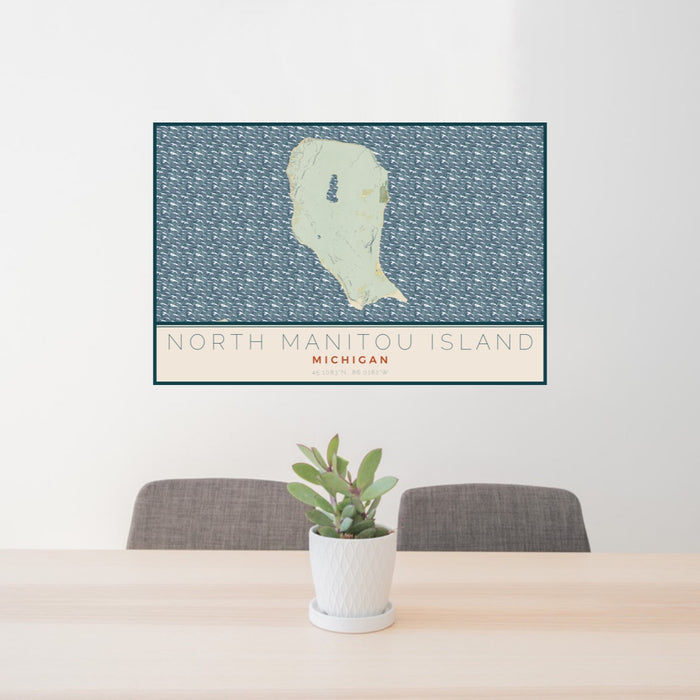 24x36 North Manitou Island Michigan Map Print Lanscape Orientation in Woodblock Style Behind 2 Chairs Table and Potted Plant