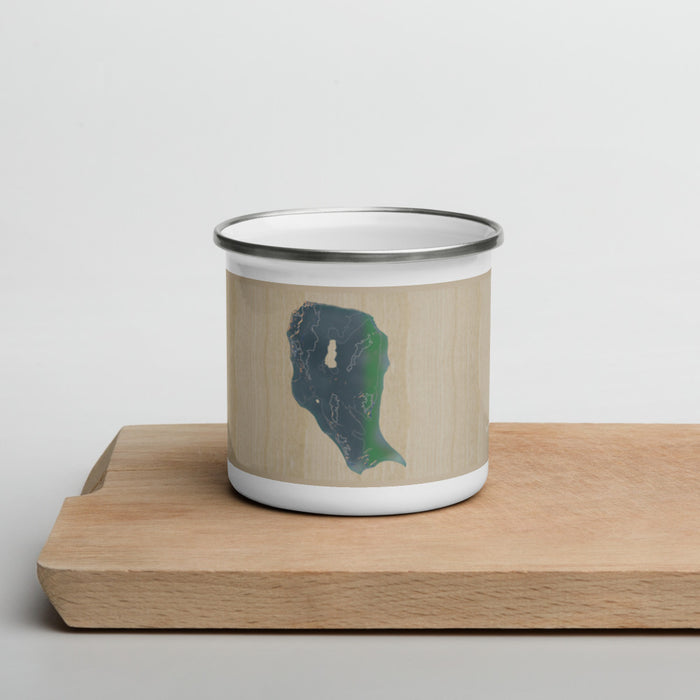 Front View Custom North Manitou Island Michigan Map Enamel Mug in Afternoon on Cutting Board