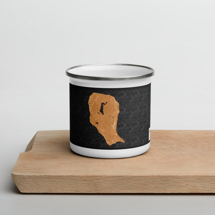Front View Custom North Manitou Island Michigan Map Enamel Mug in Ember on Cutting Board