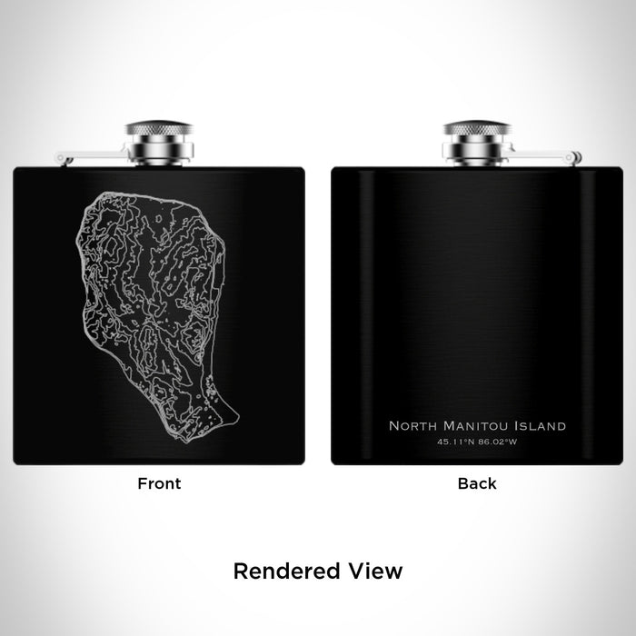 Rendered View of North Manitou Island Michigan Map Engraving on 6oz Stainless Steel Flask in Black