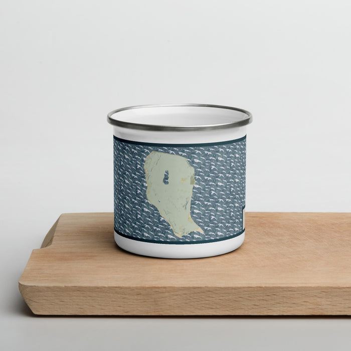 Front View Custom North Manitou Island Michigan Map Enamel Mug in Woodblock on Cutting Board