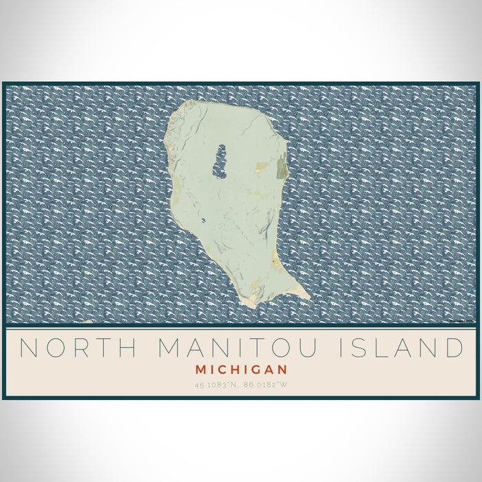 North Manitou Island Michigan Map Print Landscape Orientation in Woodblock Style With Shaded Background