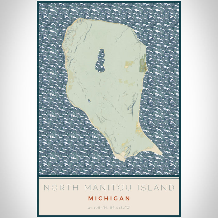 North Manitou Island Michigan Map Print Portrait Orientation in Woodblock Style With Shaded Background