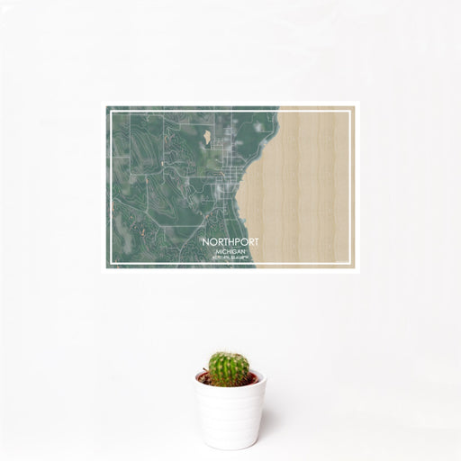 12x18 Northport Michigan Map Print Landscape Orientation in Afternoon Style With Small Cactus Plant in White Planter