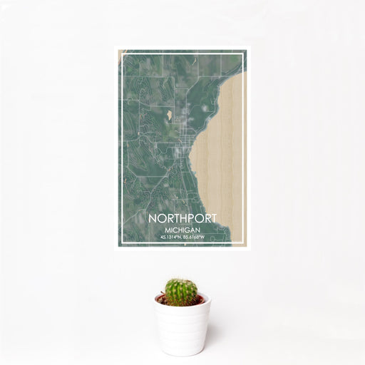 12x18 Northport Michigan Map Print Portrait Orientation in Afternoon Style With Small Cactus Plant in White Planter