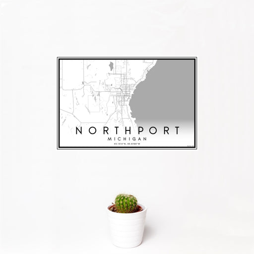 12x18 Northport Michigan Map Print Landscape Orientation in Classic Style With Small Cactus Plant in White Planter