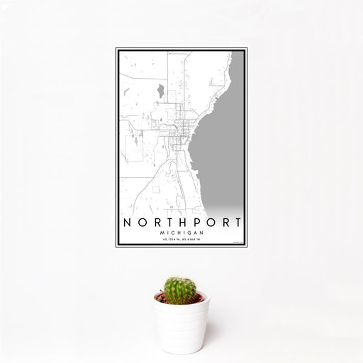 12x18 Northport Michigan Map Print Portrait Orientation in Classic Style With Small Cactus Plant in White Planter