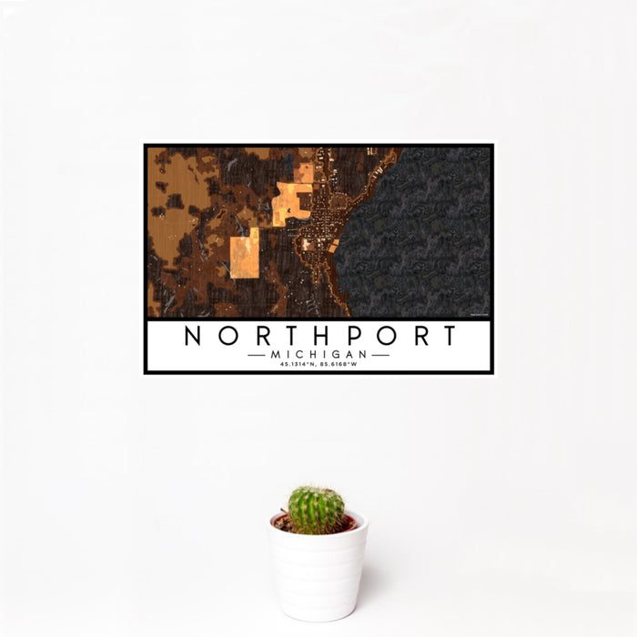 12x18 Northport Michigan Map Print Landscape Orientation in Ember Style With Small Cactus Plant in White Planter