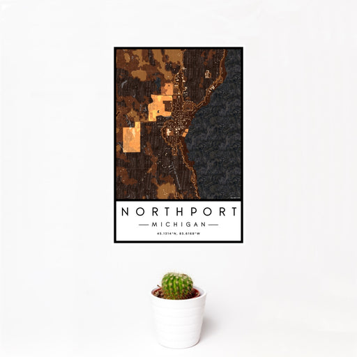 12x18 Northport Michigan Map Print Portrait Orientation in Ember Style With Small Cactus Plant in White Planter
