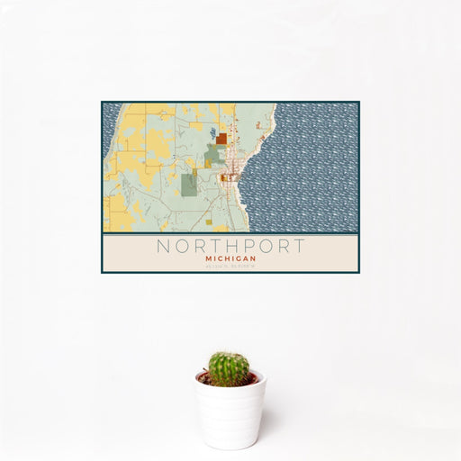 12x18 Northport Michigan Map Print Landscape Orientation in Woodblock Style With Small Cactus Plant in White Planter