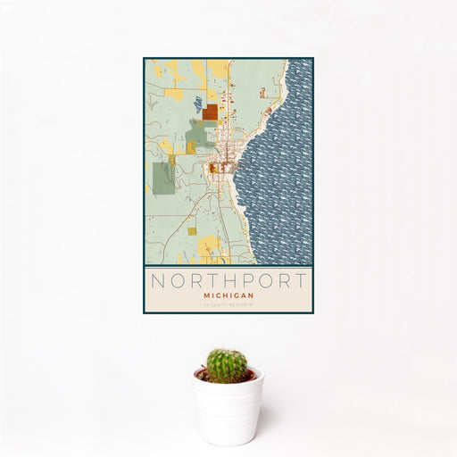 12x18 Northport Michigan Map Print Portrait Orientation in Woodblock Style With Small Cactus Plant in White Planter