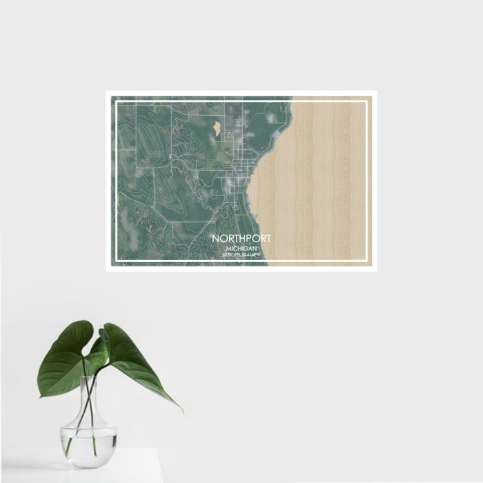 16x24 Northport Michigan Map Print Landscape Orientation in Afternoon Style With Tropical Plant Leaves in Water