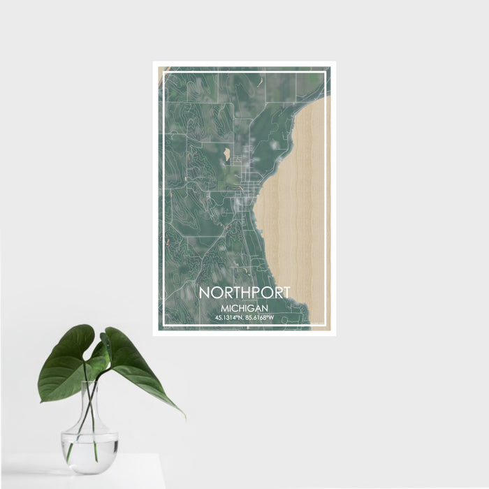 16x24 Northport Michigan Map Print Portrait Orientation in Afternoon Style With Tropical Plant Leaves in Water