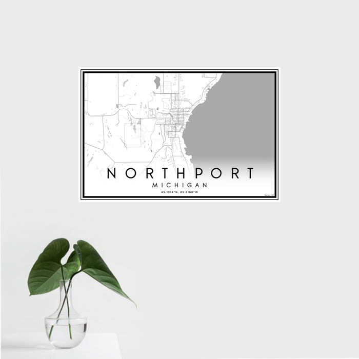 16x24 Northport Michigan Map Print Landscape Orientation in Classic Style With Tropical Plant Leaves in Water