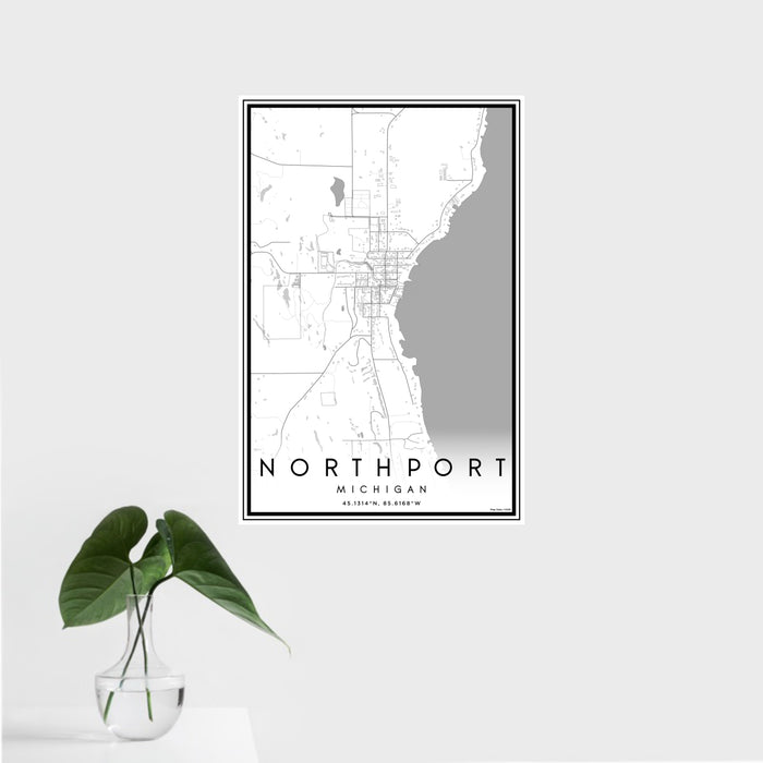 16x24 Northport Michigan Map Print Portrait Orientation in Classic Style With Tropical Plant Leaves in Water