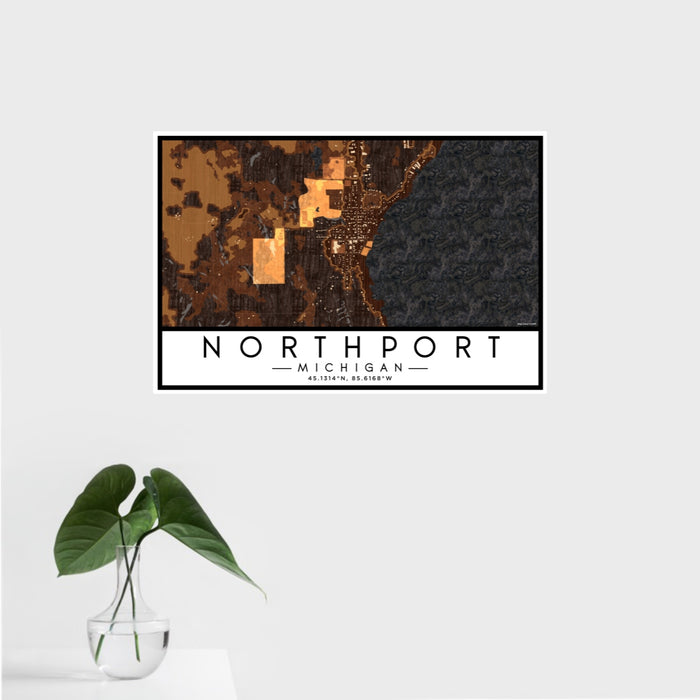 16x24 Northport Michigan Map Print Landscape Orientation in Ember Style With Tropical Plant Leaves in Water