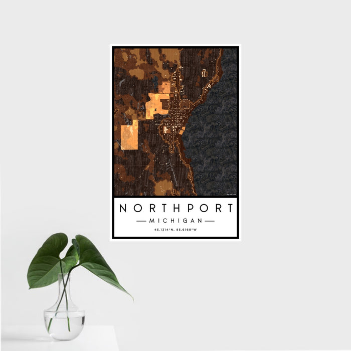 16x24 Northport Michigan Map Print Portrait Orientation in Ember Style With Tropical Plant Leaves in Water