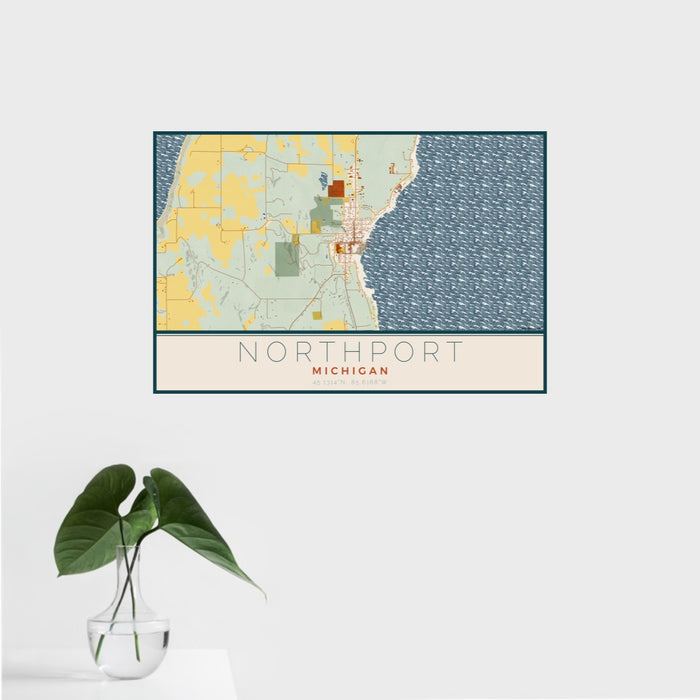 16x24 Northport Michigan Map Print Landscape Orientation in Woodblock Style With Tropical Plant Leaves in Water