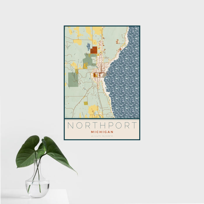 16x24 Northport Michigan Map Print Portrait Orientation in Woodblock Style With Tropical Plant Leaves in Water