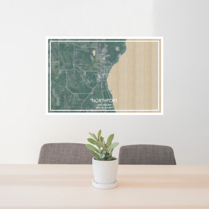 24x36 Northport Michigan Map Print Lanscape Orientation in Afternoon Style Behind 2 Chairs Table and Potted Plant