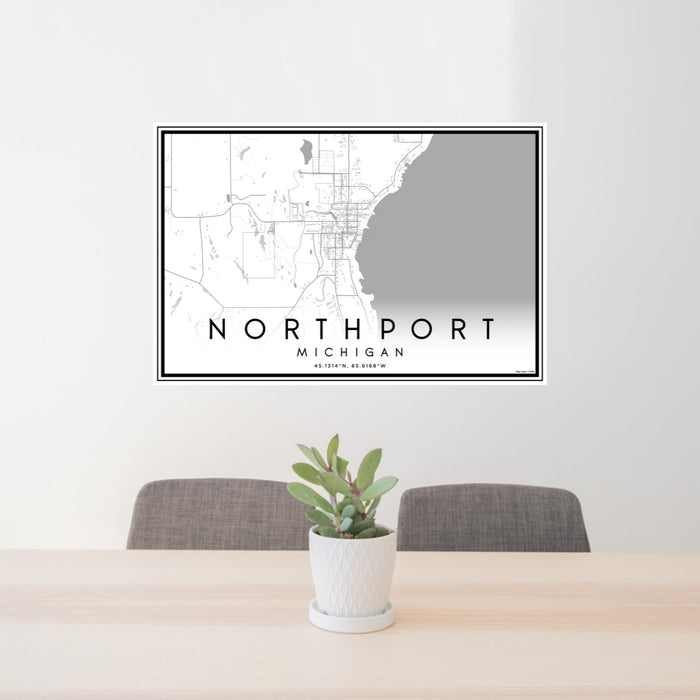 24x36 Northport Michigan Map Print Lanscape Orientation in Classic Style Behind 2 Chairs Table and Potted Plant