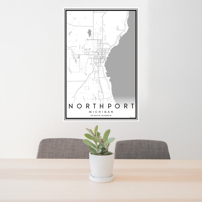 24x36 Northport Michigan Map Print Portrait Orientation in Classic Style Behind 2 Chairs Table and Potted Plant