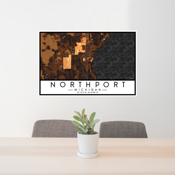 24x36 Northport Michigan Map Print Lanscape Orientation in Ember Style Behind 2 Chairs Table and Potted Plant