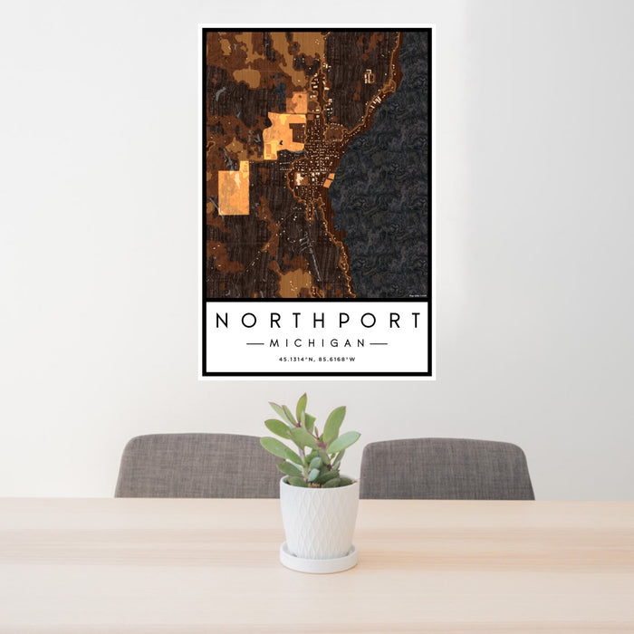 24x36 Northport Michigan Map Print Portrait Orientation in Ember Style Behind 2 Chairs Table and Potted Plant