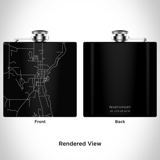 Rendered View of Northport Michigan Map Engraving on 6oz Stainless Steel Flask in Black