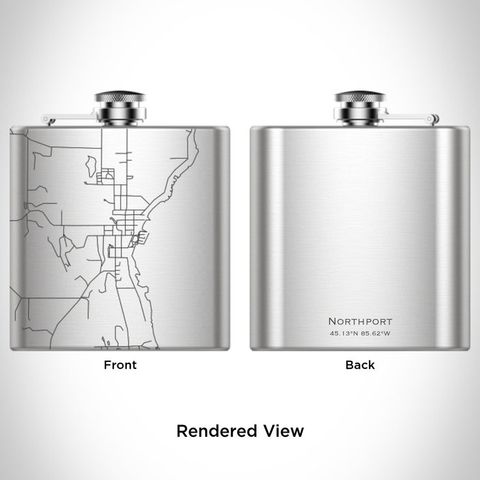 Rendered View of Northport Michigan Map Engraving on 6oz Stainless Steel Flask