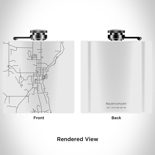 Rendered View of Northport Michigan Map Engraving on 6oz Stainless Steel Flask in White