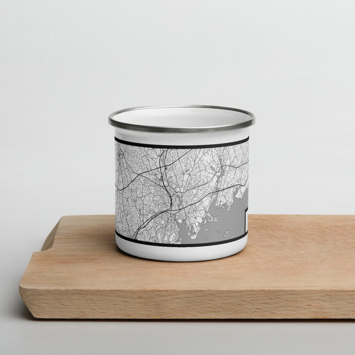 Front View Custom Norwalk Connecticut Map Enamel Mug in Classic on Cutting Board