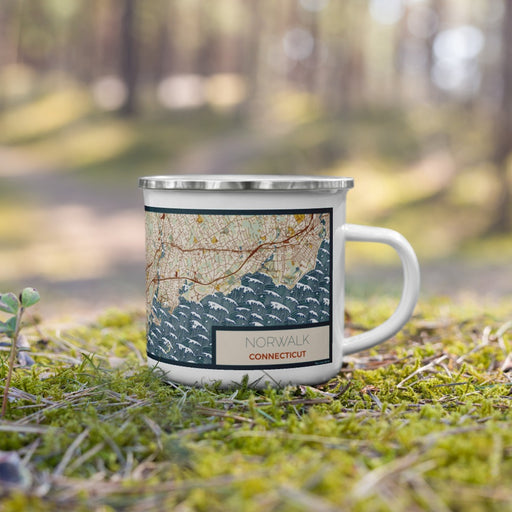 Right View Custom Norwalk Connecticut Map Enamel Mug in Woodblock on Grass With Trees in Background