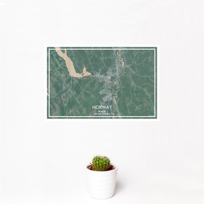 12x18 Norway Maine Map Print Landscape Orientation in Afternoon Style With Small Cactus Plant in White Planter