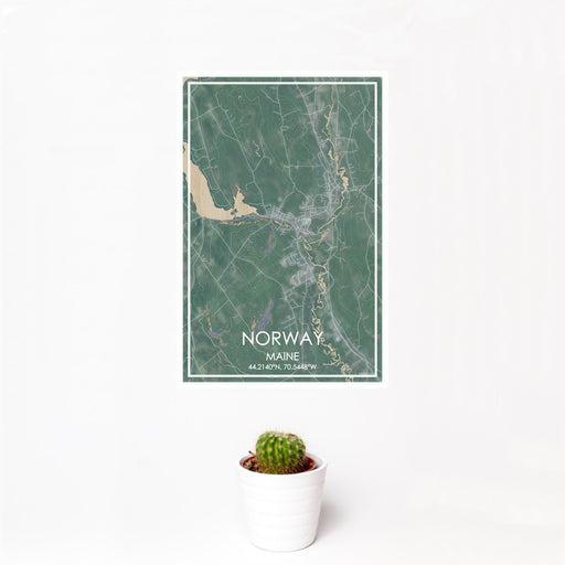 12x18 Norway Maine Map Print Portrait Orientation in Afternoon Style With Small Cactus Plant in White Planter