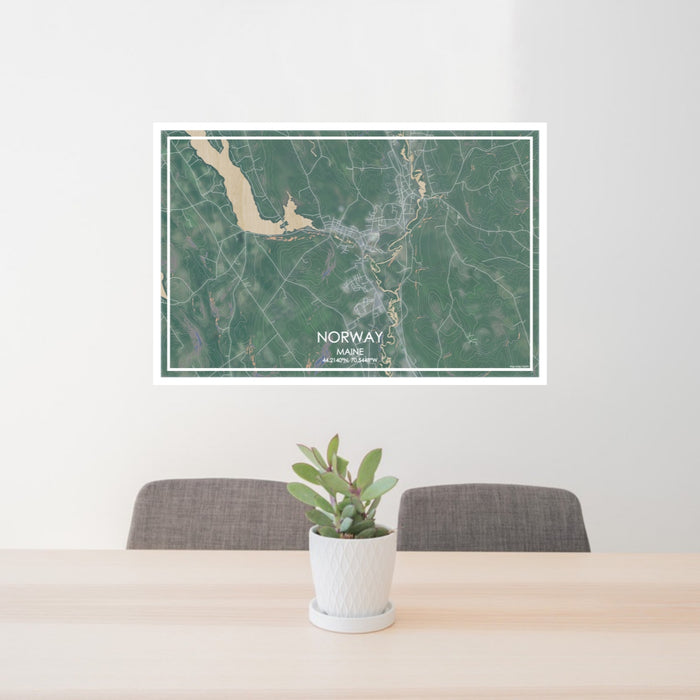 24x36 Norway Maine Map Print Lanscape Orientation in Afternoon Style Behind 2 Chairs Table and Potted Plant