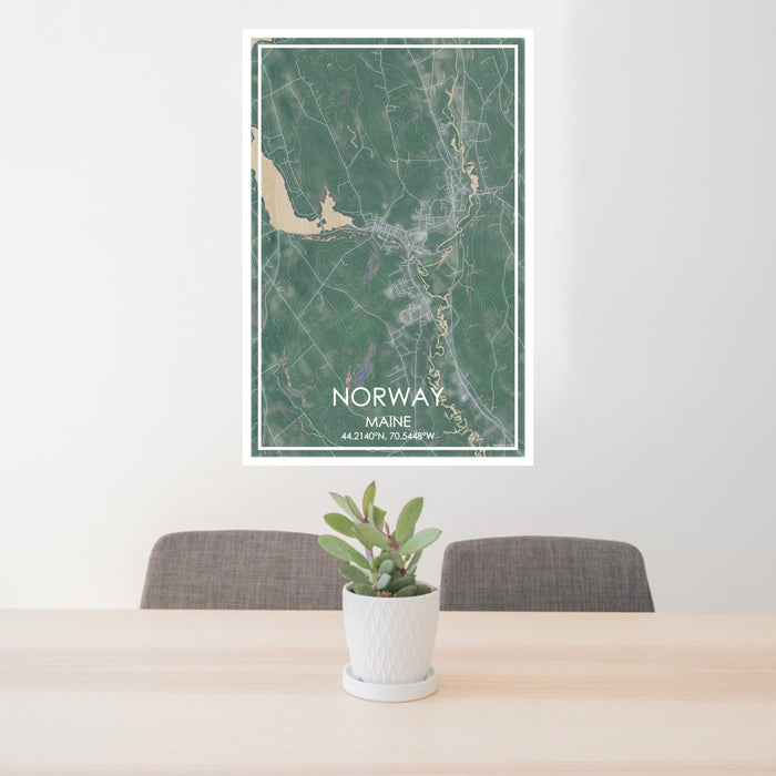 24x36 Norway Maine Map Print Portrait Orientation in Afternoon Style Behind 2 Chairs Table and Potted Plant