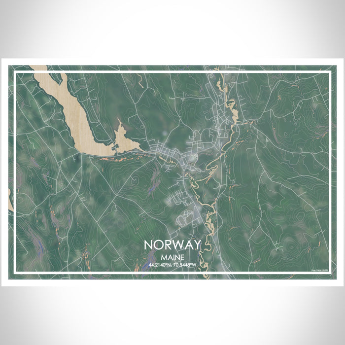 Norway Maine Map Print Landscape Orientation in Afternoon Style With Shaded Background