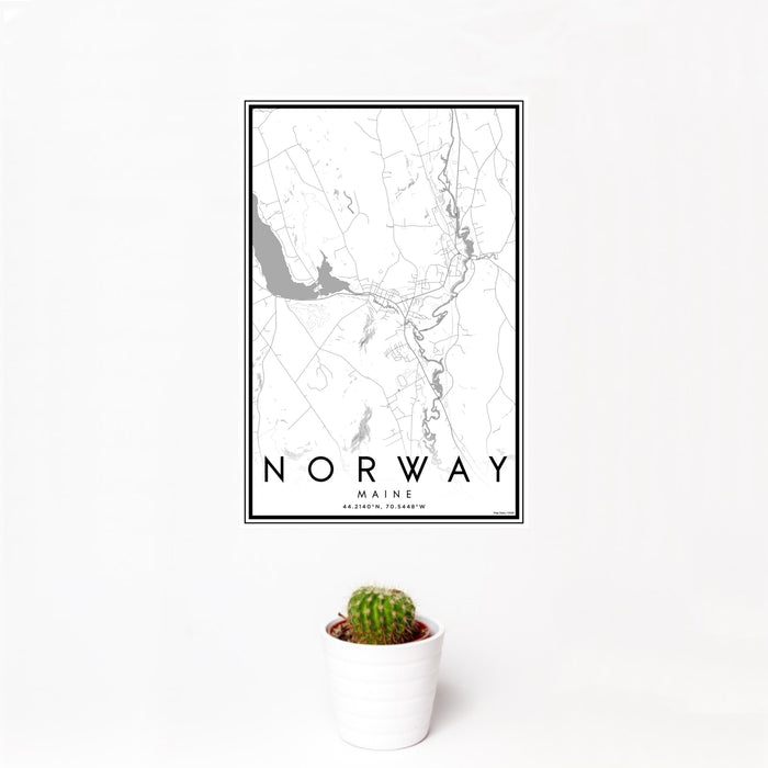 12x18 Norway Maine Map Print Portrait Orientation in Classic Style With Small Cactus Plant in White Planter