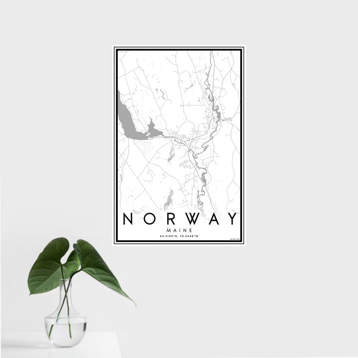16x24 Norway Maine Map Print Portrait Orientation in Classic Style With Tropical Plant Leaves in Water