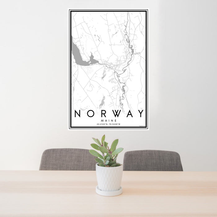 24x36 Norway Maine Map Print Portrait Orientation in Classic Style Behind 2 Chairs Table and Potted Plant