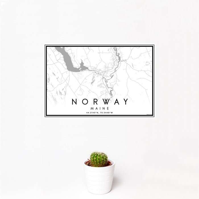 12x18 Norway Maine Map Print Landscape Orientation in Classic Style With Small Cactus Plant in White Planter