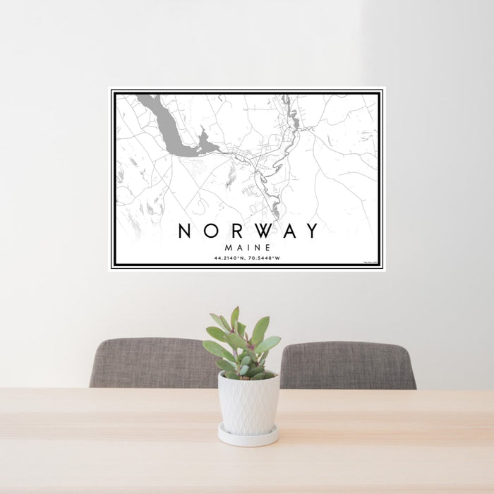 24x36 Norway Maine Map Print Landscape Orientation in Classic Style Behind 2 Chairs Table and Potted Plant