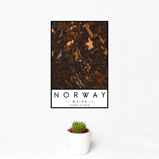 12x18 Norway Maine Map Print Portrait Orientation in Ember Style With Small Cactus Plant in White Planter