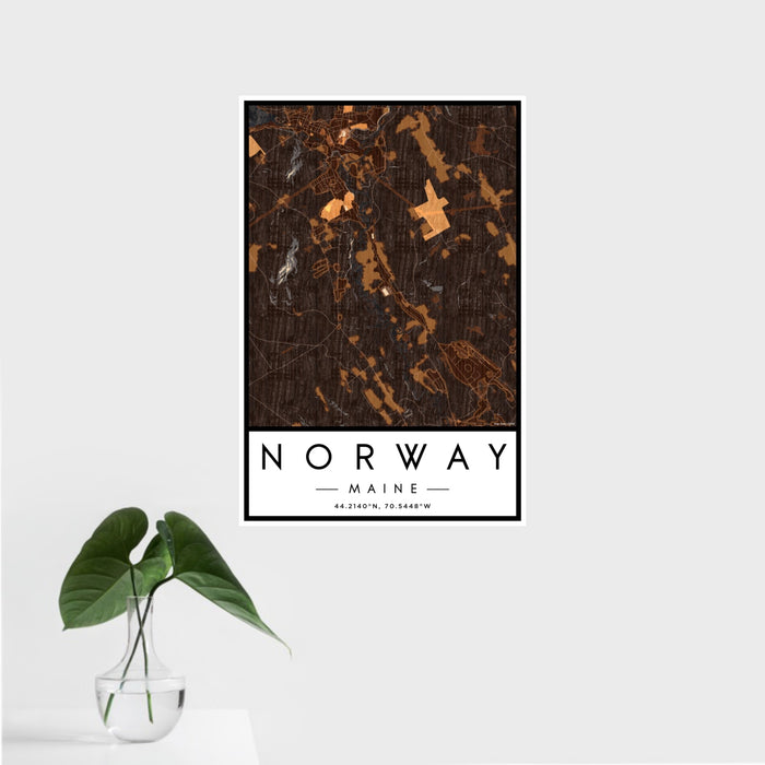 16x24 Norway Maine Map Print Portrait Orientation in Ember Style With Tropical Plant Leaves in Water